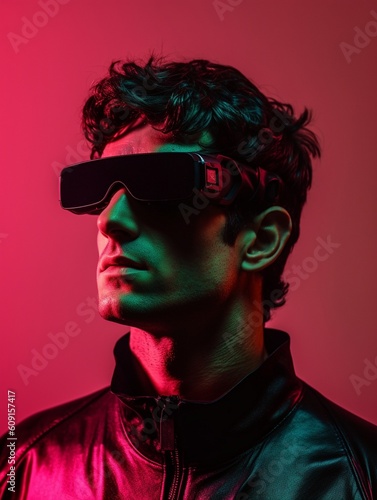 Model young man in glasses of virtual reality. Augmented reality, future technology concept. VR. Neon light. AI generative © Valery Zayats