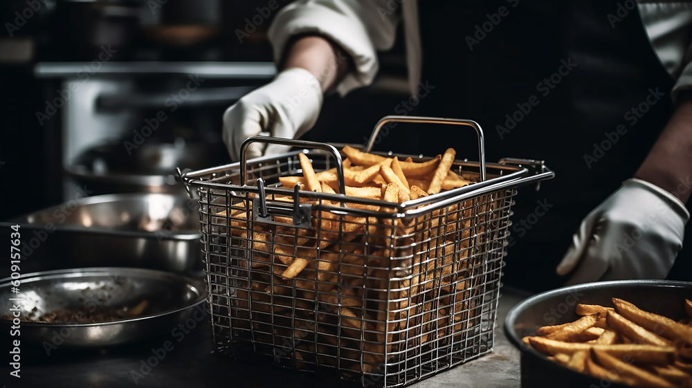 Chef holding metal deep fryer basket with fries, generative AI tools 