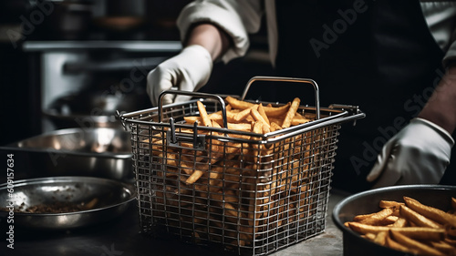 Chef holding metal deep fryer basket with fries, generative AI tools  photo