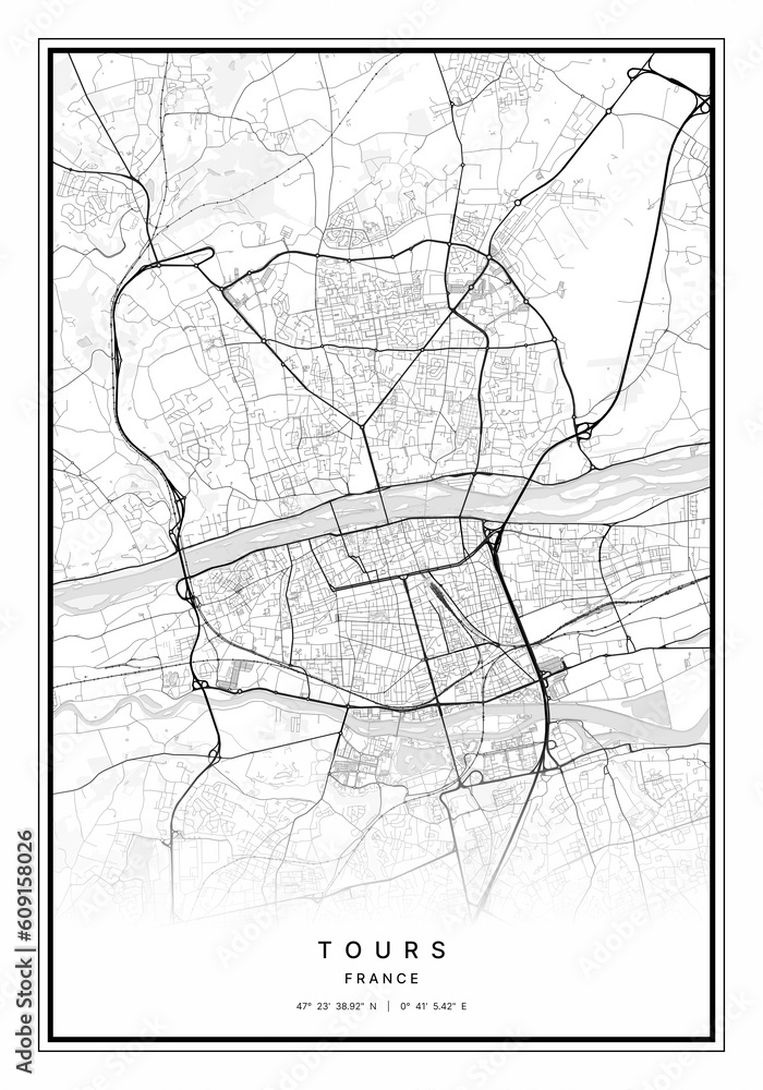 Fototapeta premium Tours Map Wall Art | Tours France Map Art, Map Wall Art, Digital Map Art