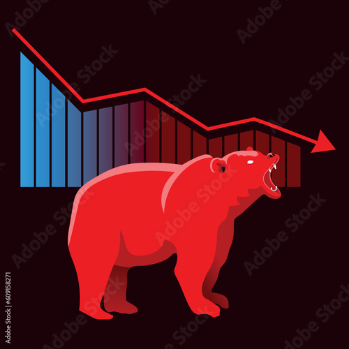 Red bear on the background of a falling graph