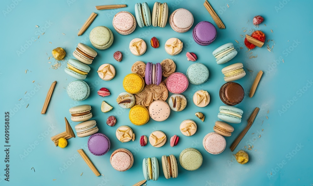 a circular arrangement of colorful macaroons and cookies on a blue background. generative ai a circular arrangement of colorful macaroons and cookies on a blue background. generative ai