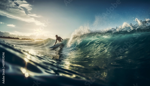 Sun kissed surfer rides barrel, embracing nature beauty generated by AI