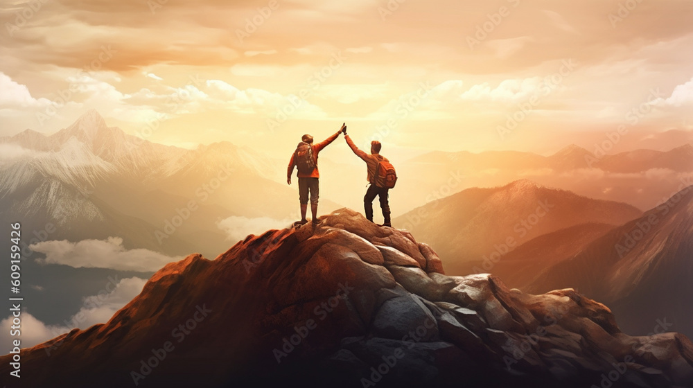 Couple of climbers standing on top of a mountain and holding hands.generative ai