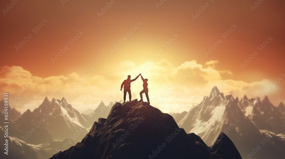 Couple of climbers standing on top of a mountain and holding hands.generative ai