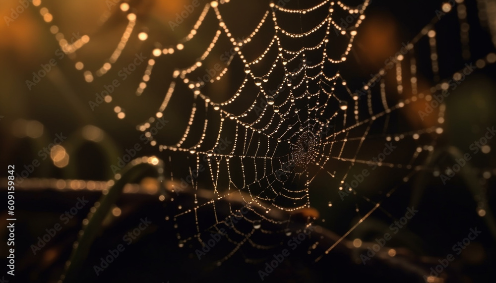 Fototapeta premium Spider spins dewy web in spooky forest generated by AI