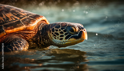 Slow sea turtle swimming in tranquil waters generated by AI