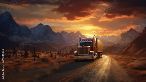 Truck driving on the road at sunset.generative ai