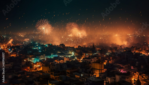 Glowing city skyline ignites vibrant firework celebration generated by AI