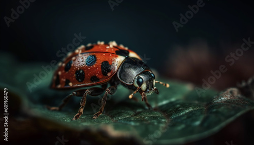 Small spotted ladybug crawls on green leaf generated by AI