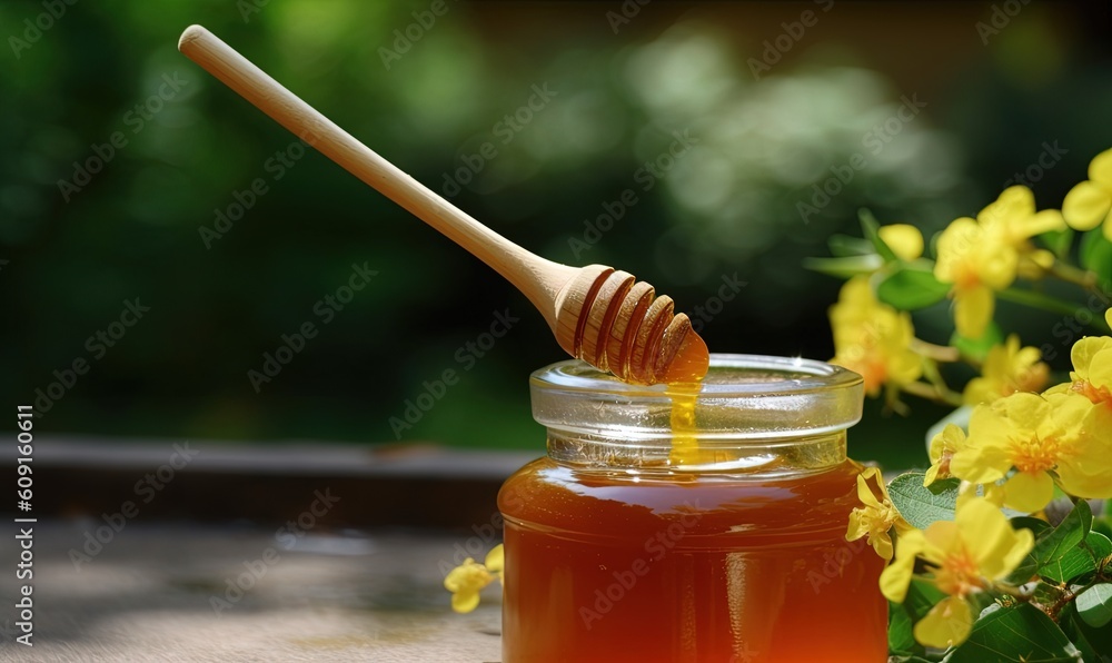 a honey jar filled with honey and a wooden honey dipper. generative ai a honey jar filled with honey and a wooden honey dipper. generative ai