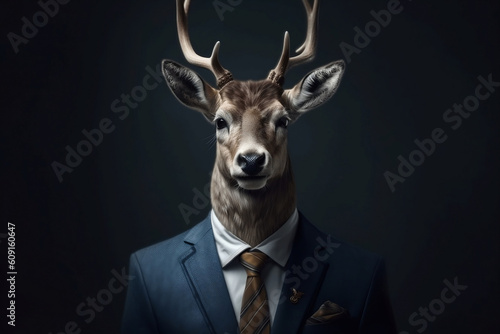 Portrait of a Deer dressed in a formal business suit, The Elegant Boss Deer, generative AI