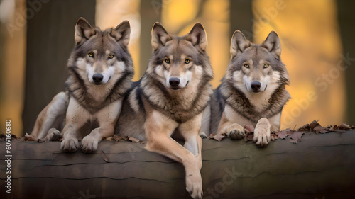 three wolves are resting on a log - generative ai