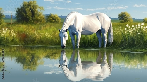 White horse standing in the water on a green meadow with reflection.generative ai © S...