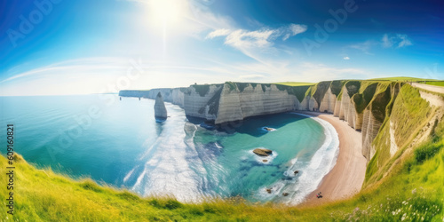 Picturesque panoramic landscape on the cliffs of Etretat. Natural amazing cliffs. Etretat, Normandy, France, La Manche or English Channel. Coast of the Pays de Caux area in sunny summer day. France. A