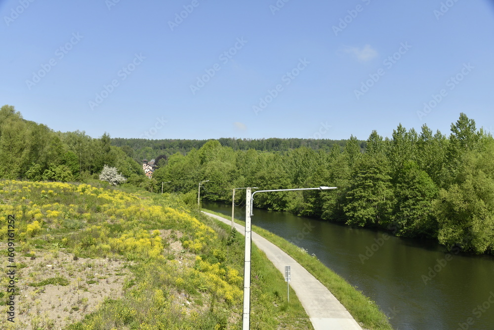 La Sambre et son chemin de halage en pleine forêt à Hourpes à l'ouest de Charleroi 