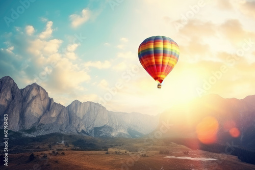 Beautiful inspirational landscape with hot air balloon flying in the sky, travel destination. AI