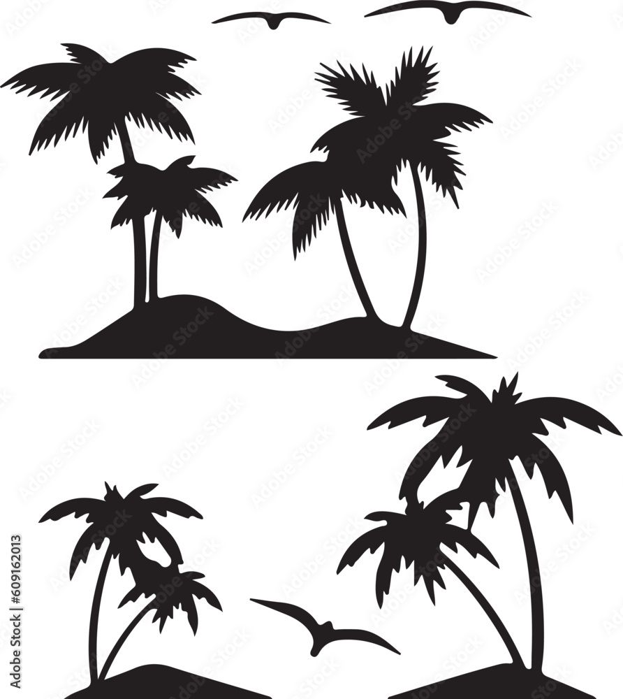 The Palm Tree with birds is Set on white background. Design Template for Tropical, Vacation, Beach, and Summer Concepts. Vector Illustration.