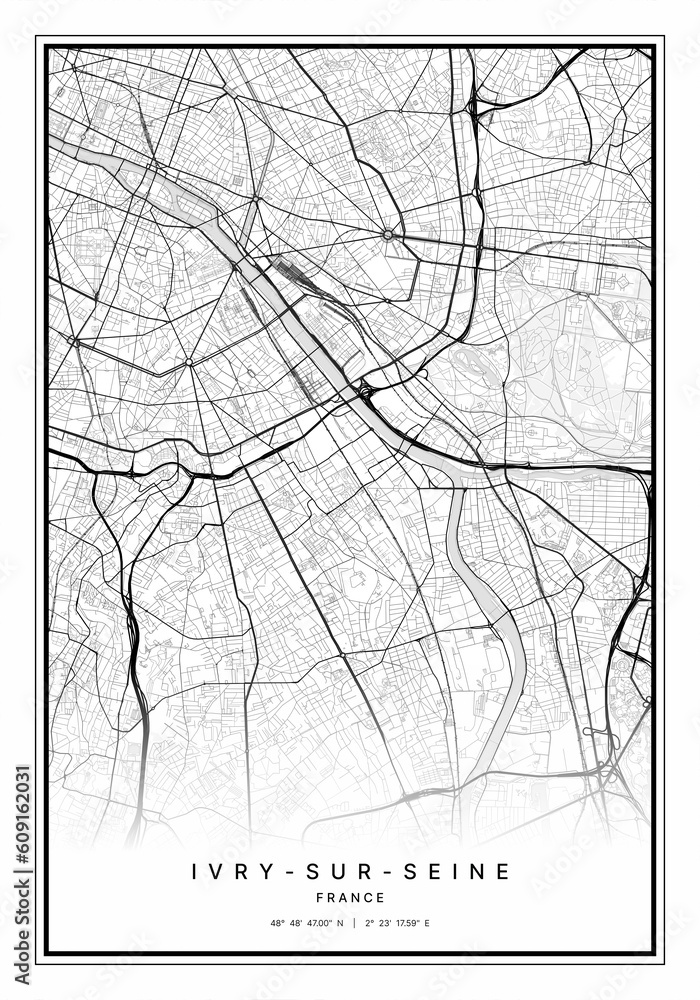 Obraz premium Ivry sur Seine Map Wall Art | Ivry sur Seine France Map Art, Map Wall Art, Digital Map Art