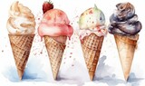  three ice cream cones with three different flavors of ice cream.  generative ai