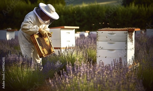  a man in a white hat and a beekeeper in a field of bees.  generative ai