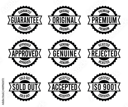 Stamp design set - premium quality, guaranteed, approved, sold out, postponed, confirmed, genuine, original.	