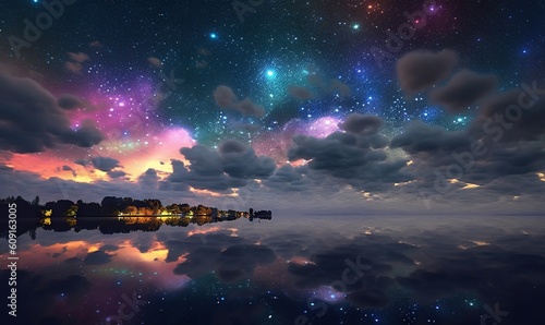  a night sky with stars and clouds reflecting in the water. generative ai