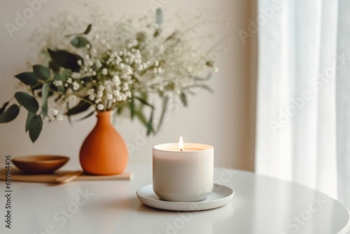 A scented candle on a white table with vases on a modern minimalist background. AI generative