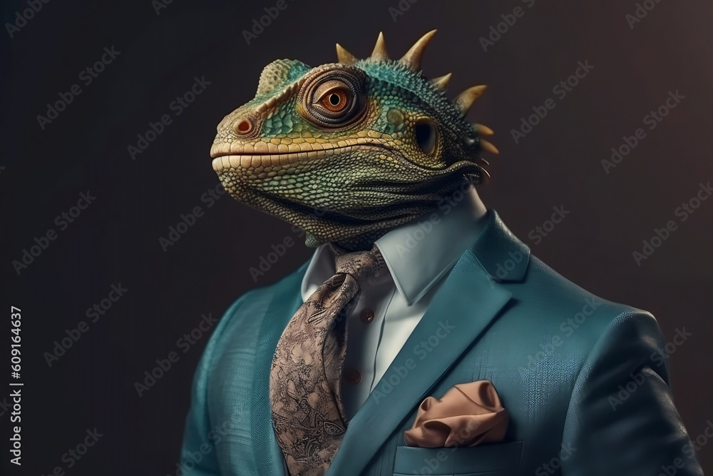 Portrait of a Chameleon dressed in a formal business suit, The Elegant Boss Chameleon, generative AI Portrait of a Chameleon dressed in a formal business suit, The Elegant Boss Chameleon, generative AI