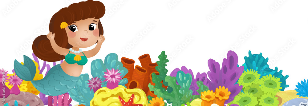 Naklejka premium cartoon scene with coral reef mermaid princess and happy fishes swimming near isolated illustration for kids