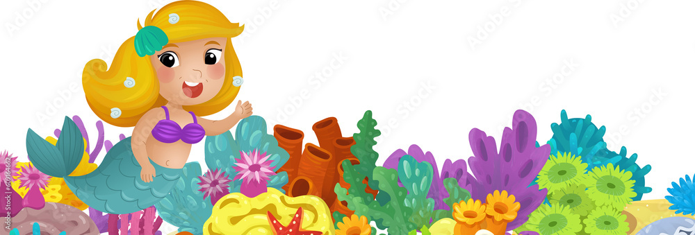 cartoon scene with coral reef mermaid princess and happy fishes swimming near isolated illustration for kids cartoon scene with coral reef mermaid princess and happy fishes swimming near isolated illustration for kids