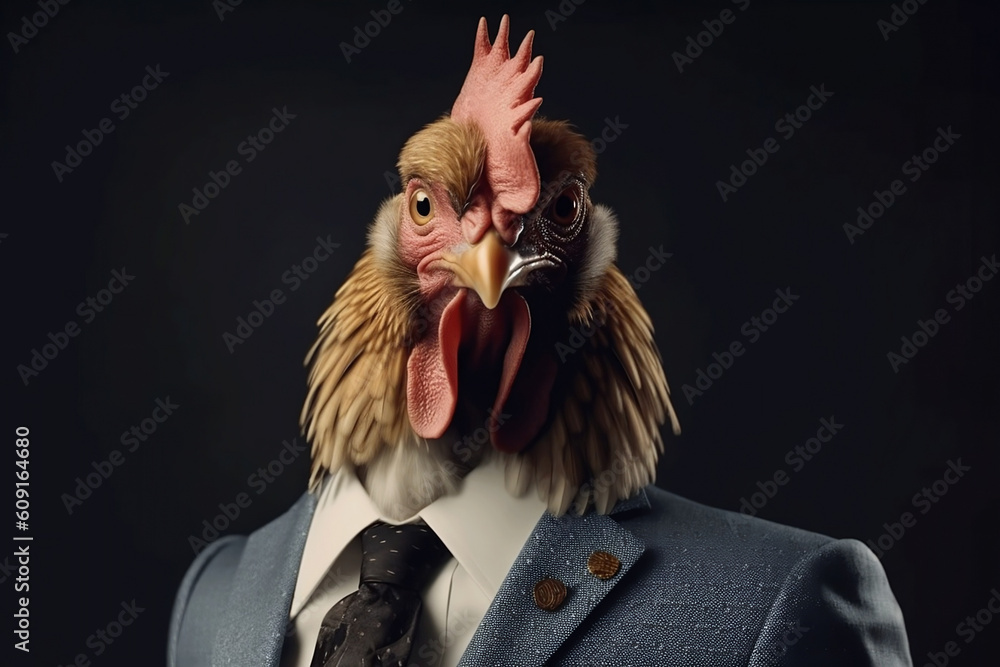 Portrait of a Chicken dressed in a formal business suit, The Elegant Boss Chicken, generative AI