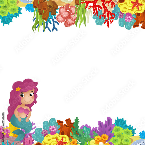cartoon scene with coral reef mermaid princess and happy fishes swimming near isolated illustration for kids