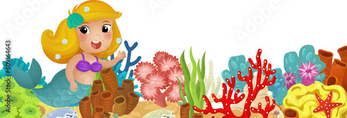 Fototapeta Naklejka Na Ścianę i Meble -  cartoon scene with coral reef mermaid princess and happy fishes swimming near isolated illustration for kids