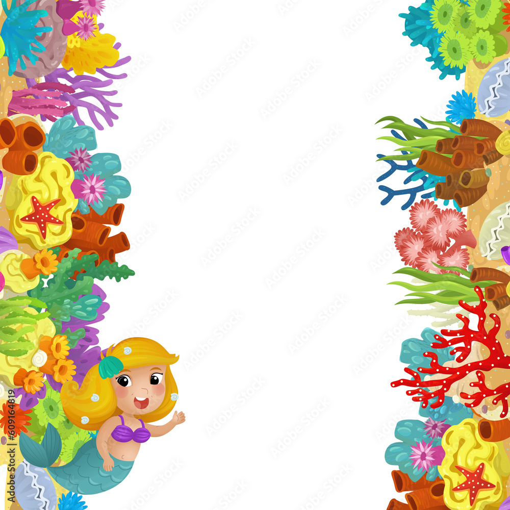 cartoon scene with coral reef mermaid princess and happy fishes swimming near isolated illustration for kids cartoon scene with coral reef mermaid princess and happy fishes swimming near isolated illustration for kids