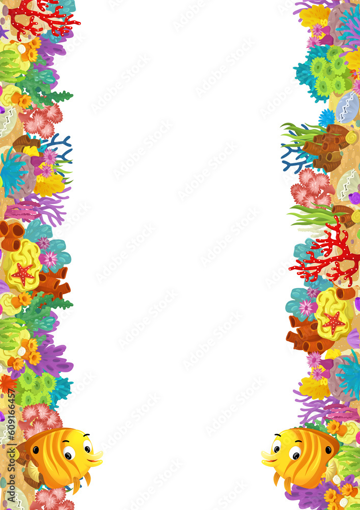 cartoon scene with coral reef and happy fishes swimming near isolated illustration for kids cartoon scene with coral reef and happy fishes swimming near isolated illustration for kids