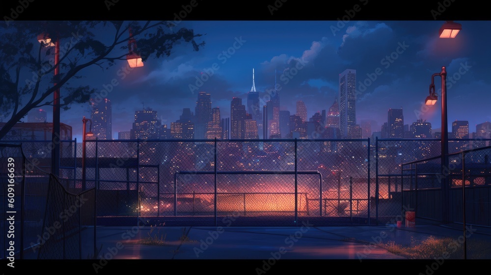 Sunset over the city. AI generated art illustration.