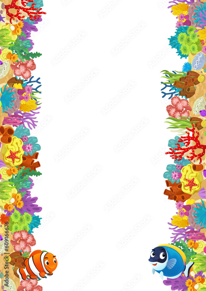 cartoon scene with coral reef and happy fishes swimming near isolated illustration for kids cartoon scene with coral reef and happy fishes swimming near isolated illustration for kids