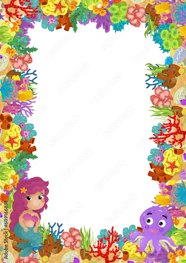 Fototapeta premium cartoon scene with coral reef mermaid princess and happy fishes swimming near isolated illustration for kids