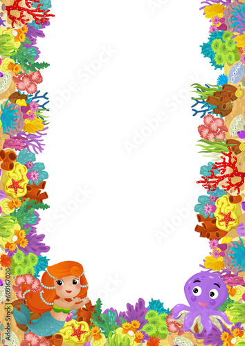 Fototapeta Naklejka Na Ścianę i Meble -  cartoon scene with coral reef mermaid princess and happy fishes swimming near isolated illustration for kids