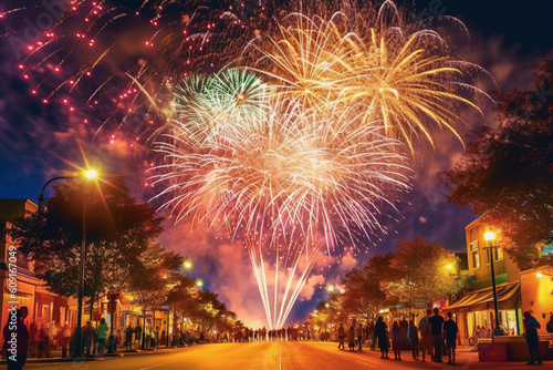 Art illustration of fireworks over an 18th century night city In honor of U.S. Independence Day, created with Generative AI Technology
