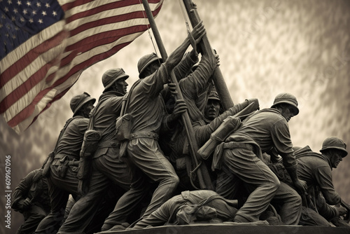 Illustration of American soldiers raising the American flag over an island in the Pacific during World War 2, created with Generative AI Technology