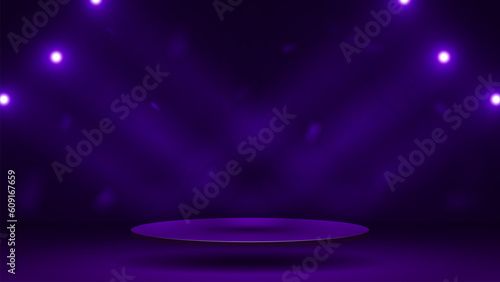 An empty 3D podium in a room with glowing spotlights on a dark purple background.