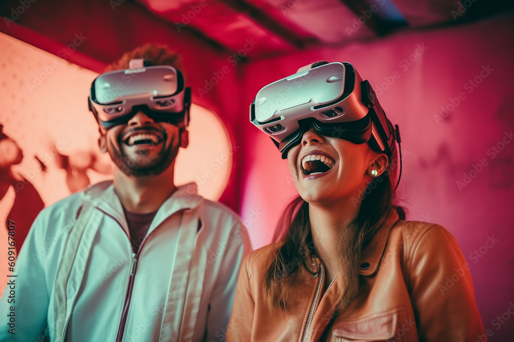 Two persons having fun while using VR headsets Two persons having fun while using VR headsets