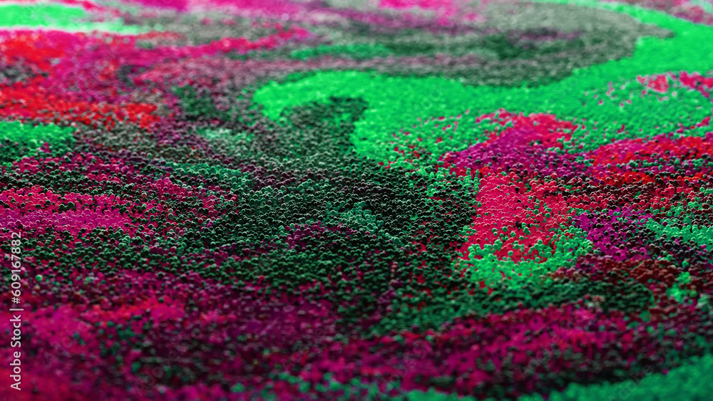 Multicolored particles balls spheres abstract flowing substance liquid with gradient. A stream of particles moves across the background as a simulated wave of dots. Surreal motion. 3d rendering