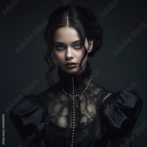 Serious Young Woman in High-Necked Black Lace Gown Dark Victorian Gothic Aesthetic Portrait Illustration [Generative AI]