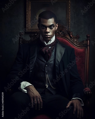 Man in Chair Wearing Black Suit, Dark Victorian Gothic Aesthetic Portrait Illustration [Generative AI]