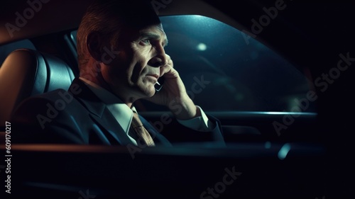 CEO Male Caucasian Mature Making phone calls and negotiating deals in a chauffeured moving car. Generative AI AIG22. photo