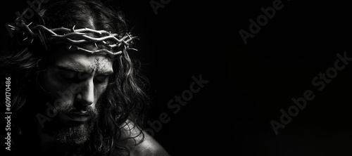 Black and white photorealistic studio portrait of Jesus Christ wearing a crown of thorns on black background. Generative AI illustration