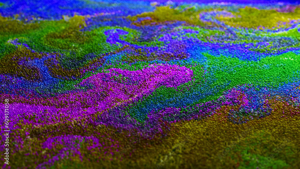 Multicolored particles balls spheres abstract flowing substance liquid with gradient. A stream of particles moves across the background as a simulated wave of dots. Surreal motion. 3d rendering